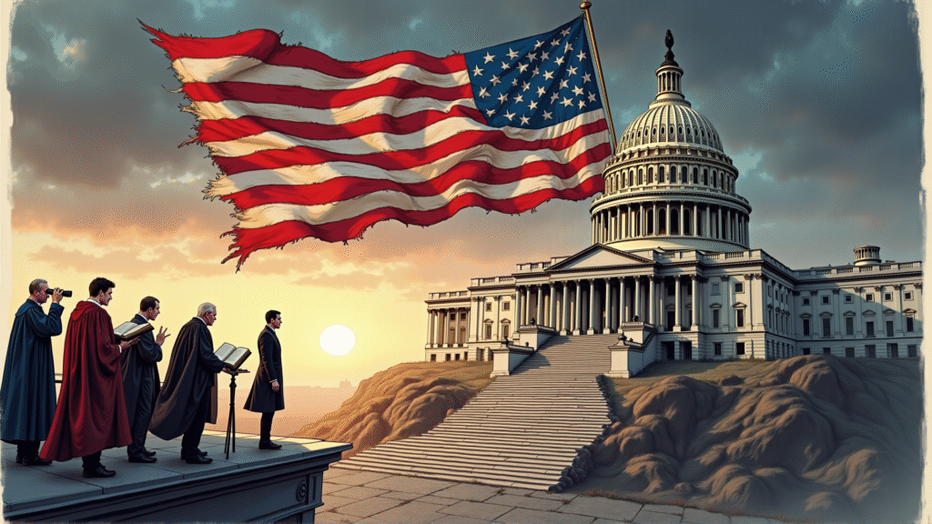 Scholars observe a tattered American flag stitched with law books above a fractured Capitol at sunset